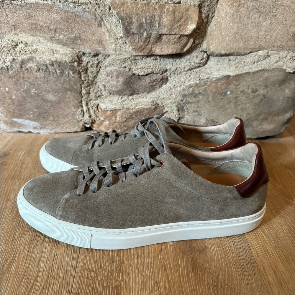 Good Man Brand Taupe Suede Sneakers with Brown Heel Accent